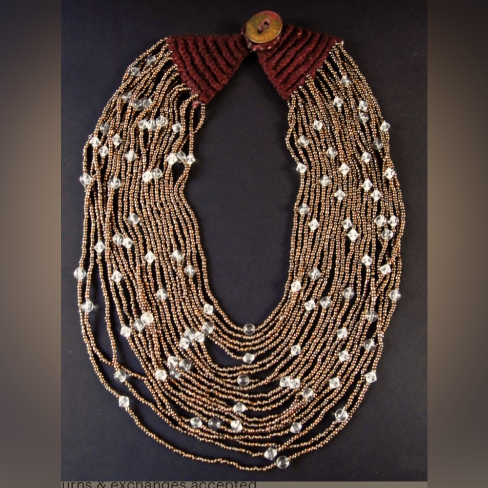 Bohemian Goddess Handmade Bronze Beads Necklace & Clear Glass Crystals NEW India